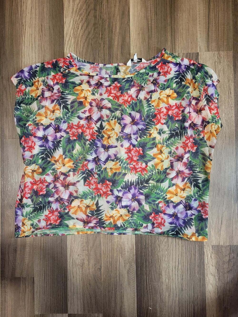 New Look Women's Floral Open Back Sheer Short Sleeve Blouse Size L